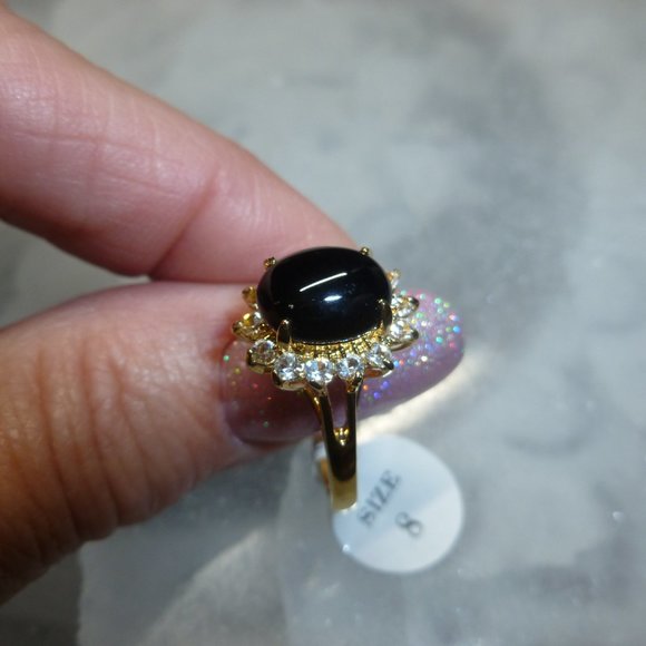 18k Yellow Gold EP Onyx Halo Swarovski Crystal Dolphin Ore Ring - Picture 10 of 11